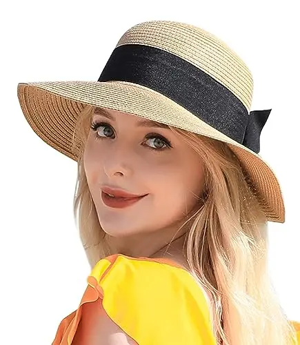 Pleneal khaki straw beach hat with foldable brim and flap