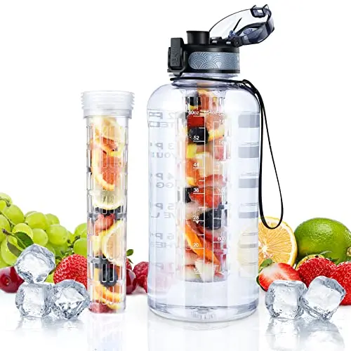 UTEBIT 68oz large clear plastic water bottle with a straw lid and a detachable fruit infuser basket.