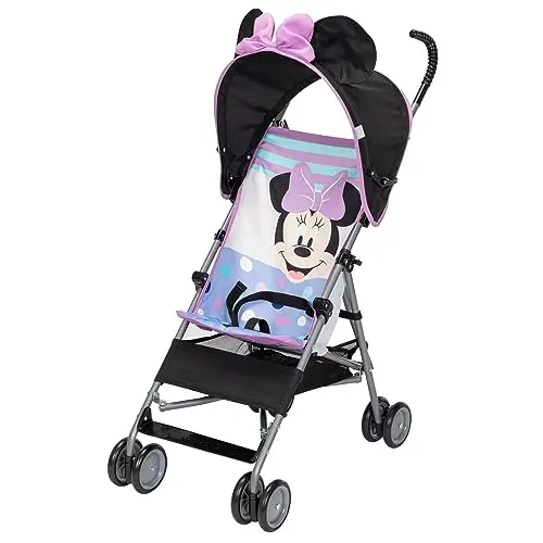 Disney Baby Character Umbrella Stroller with Minnie Mouse 3D canopy, shown in folded and unfolded states.