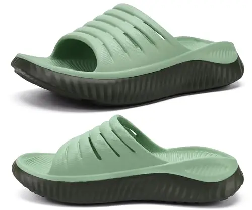 KuaiLu women's green recovery sport slides with thick cushion foam and open toe