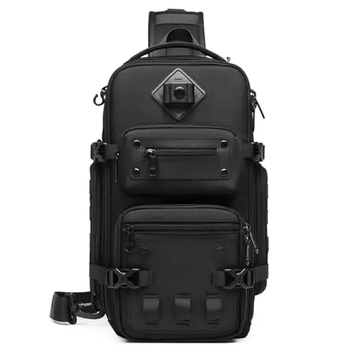 Uaskmeyt Tactical Sling Bag in black, showing its many zippered pockets and MOLLE-like straps.
