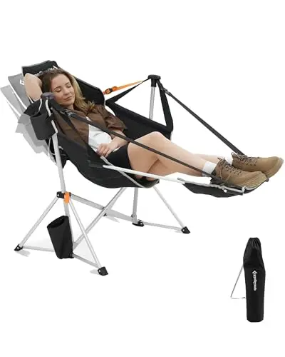 KingCamp black and grey hammock camping chair with a large footrest attached.
