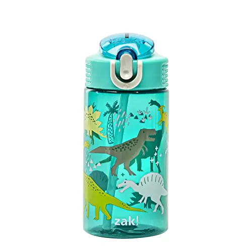 Zak Designs dinosaur-themed plastic water bottle with pop-up straw