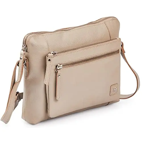 Wise Owl small beige pebbled leather crossbody bag with triple zip design