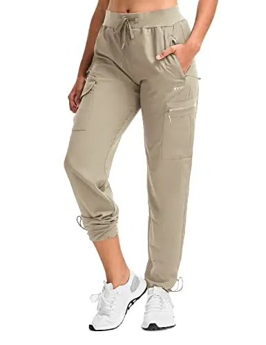 BVVU Women's hiking joggers in khaki with adjustable ankle cuffs and multiple pockets