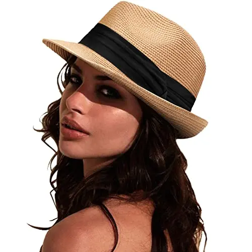 DRESHOW women's short brim panama straw fedora hat