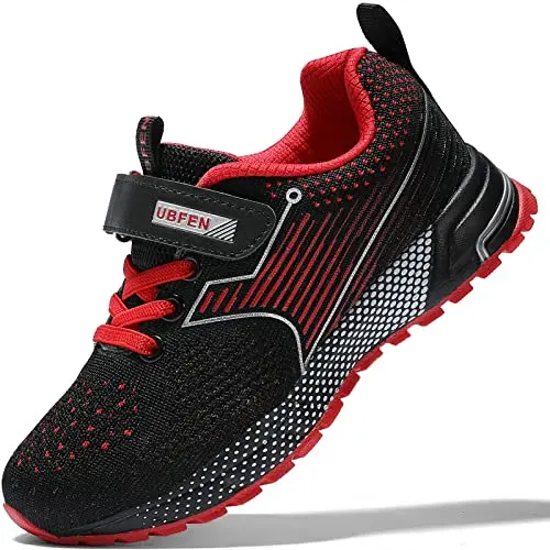 UBFEN kids athletic sneaker in red, showing the hook-and-loop strap and elasticized laces
