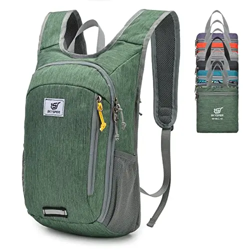 SKYSPER small 10L black packable backpack folded next to a pencil pouch