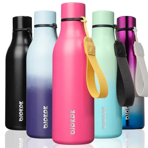 BJPKPK pink stainless steel insulated water bottle with strap