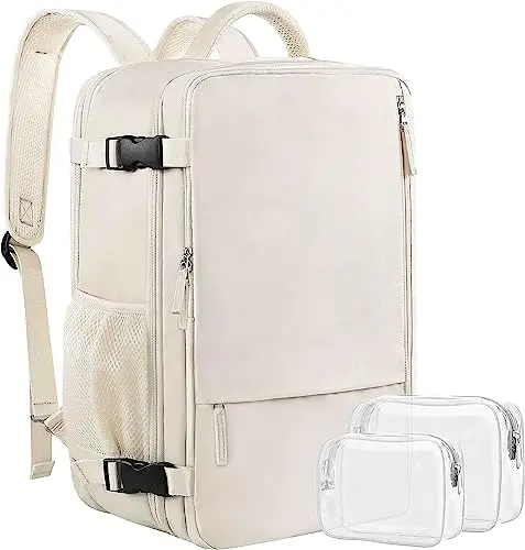 Sinaliy beige expandable travel backpack with luggage strap and hidden pocket