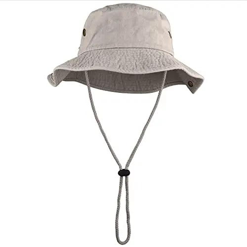 Grey 100% cotton wide-brim bucket hat with snap-up brim sides for a cowboy style