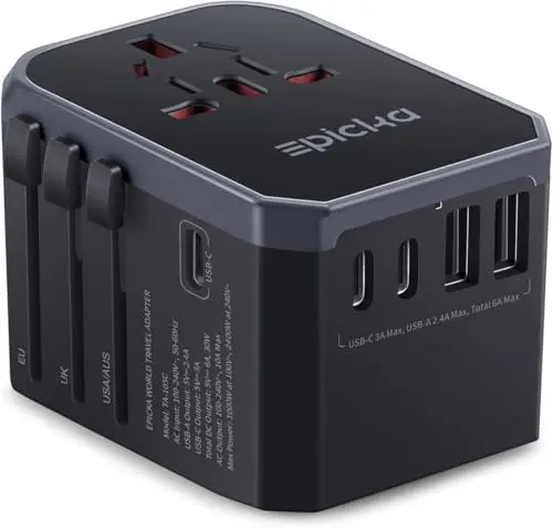 EPICKA Universal Travel Adapter in black, newer model with 3 USB-C and 2 USB-A ports.
