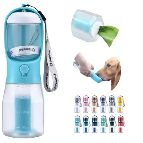 Cibaabo blue dog water bottle with attached food container and poop bag holder