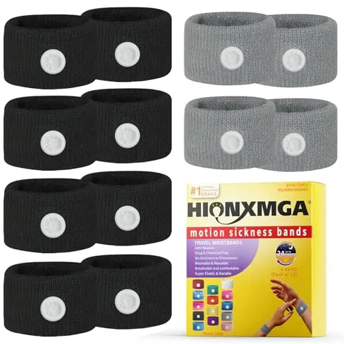 HIONXMGA pack of six colorful acupressure motion sickness wristbands laid out