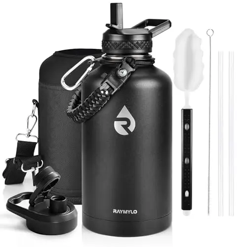 RAYMYLO 64 oz half-gallon insulated stainless steel water bottle with a paracord handle in Magic Black.