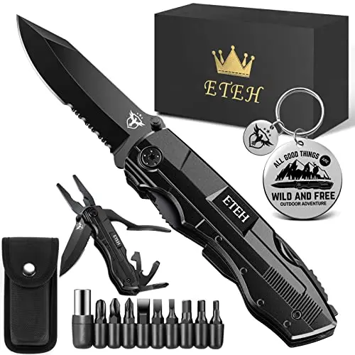 ETEH black multitool pocket knife with screwdriver bits, closed in hand