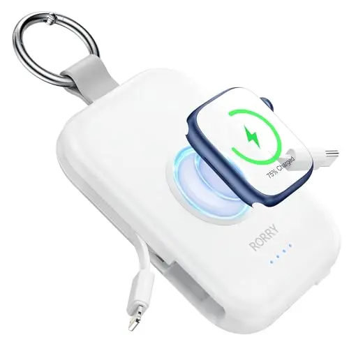 RORRY white portable power bank with built-in charging cables