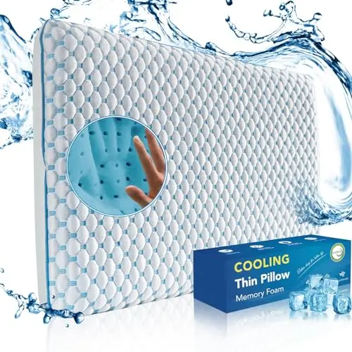 Iwacool Thin Gel Memory Foam Pillow with a blue and white polka dot removable cover.