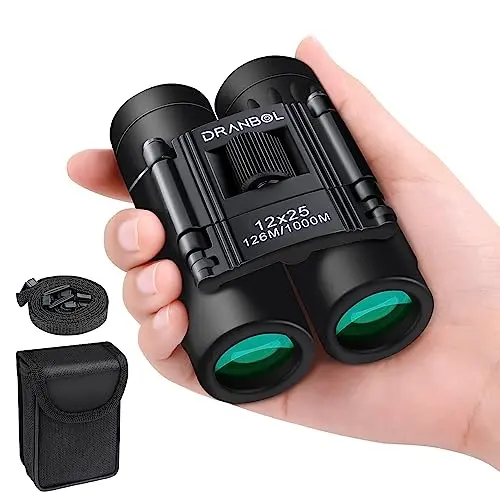 DRANBOL 12x25 mini binoculars in black, showcasing a slim, ergonomic design perfect for one-handed use.