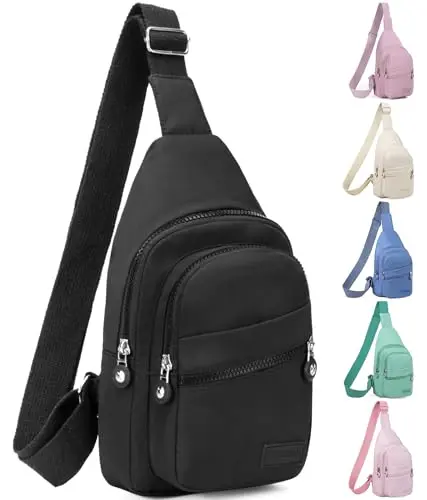 Black Banelu small sling backpack with mesh straps, worn crossbody