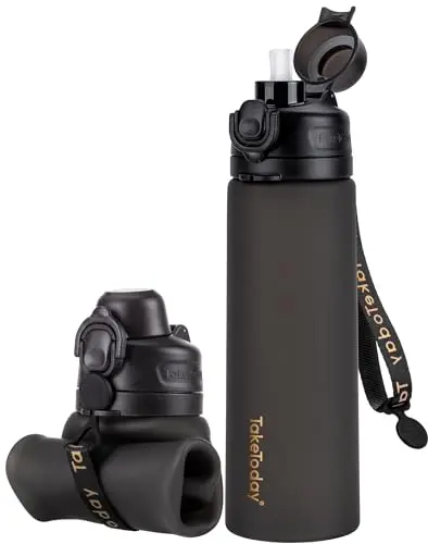 TakeToday black collapsible silicone water bottle with straw and strap