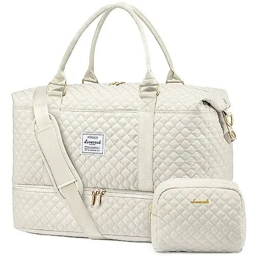 LOVEVOOK quilted beige travel duffle bag with shoe compartment and multiple pockets