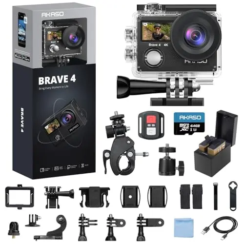 AKASO Brave 4 action camera with accessories kit including memory card