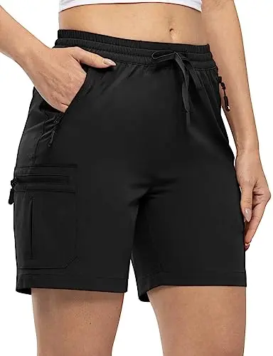 TBMPOY women's affordable hiking cargo shorts in black, featuring an elastic waistband and zipper pockets.