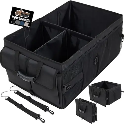 Gorilla Grip large black trunk organizer with multiple compartments, open in an SUV cargo area.