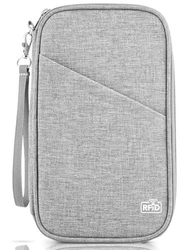 Family travel document organizer passport wallet open showing multiple pockets