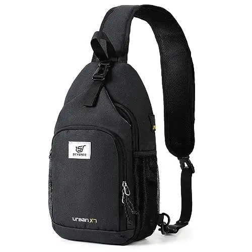 SKYSPER RFID Sling Backpack in black, showcasing multiple compartments and a sunglasses holder on the strap.