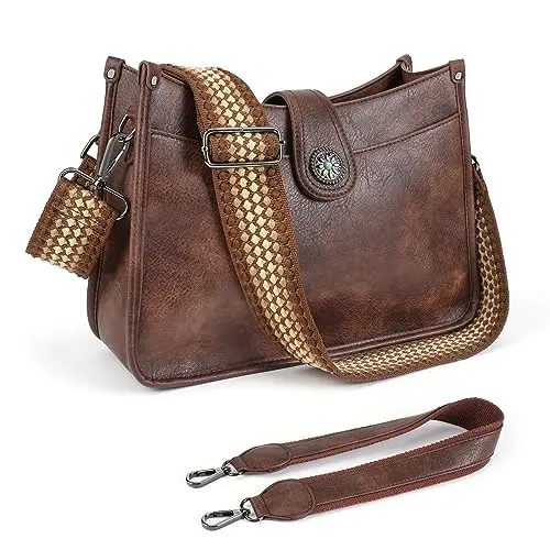 APHISON coffee-colored vegan leather hobo crossbody bag with wide strap
