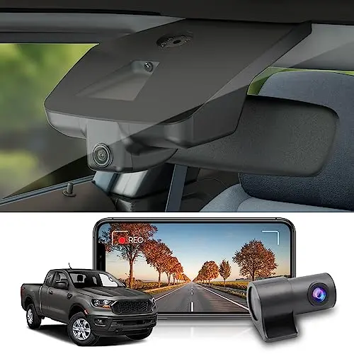 Fitcamx OEM style dash cam integrated into a Ford Ranger rearview mirror housing