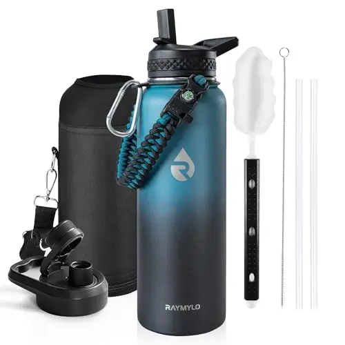 RAYMYLO 40 oz insulated stainless steel water bottle with paracord handle in Indigo/Black.