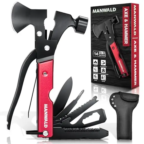 MANWALD red multitool axe hatchet with wooden handle and embedded tools