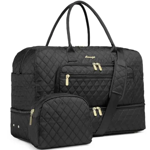 Large black women's travel duffle tote bag with gold zippers and multiple front pockets