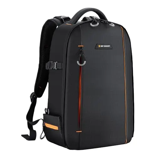 K&F CONCEPT lightweight black and orange camera backpack showing 180-degree open design