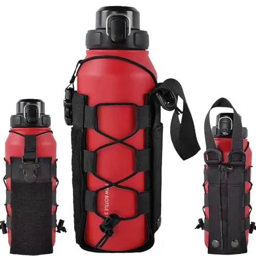 WICKTICK adjustable tactical water bottle holder pouch in black, attached to a backpack.