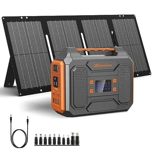ZeroKor 300W portable power station with foldable orange solar panel in a field