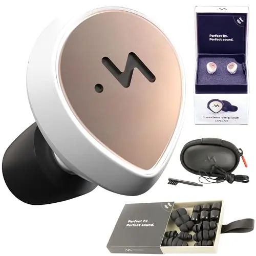 Minuendo LIVE high-fidelity earplugs with white body, copper accents, and a case with multiple eartips