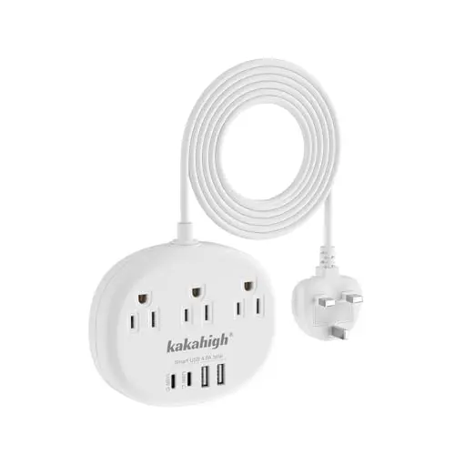 Kakahigh UK travel adapter with a short extension cord, 3 outlets and 4 USB ports
