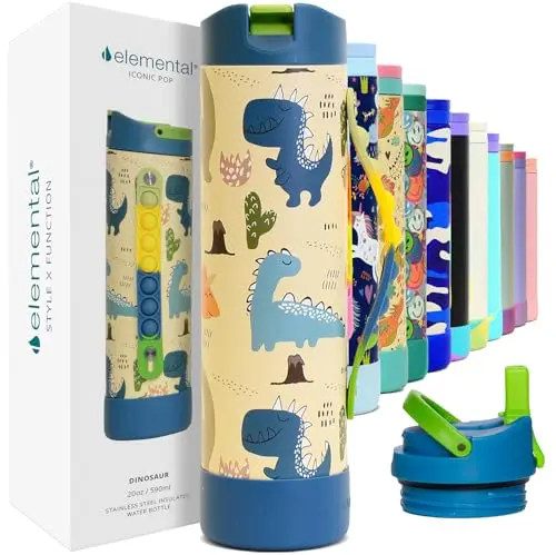 Elemental Iconic 20oz kids water bottle with dinosaur design
