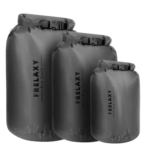 Frelaxy 3-pack dry bag set showing 5L, 15L, and 25L sizes in gray