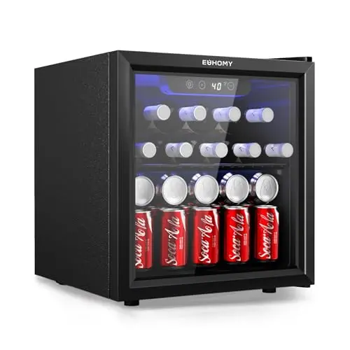 EUHOMY black mini fridge with glass door and blue LED light