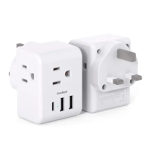 One Beat 2-pack white UK travel plug adapters with multiple outlets