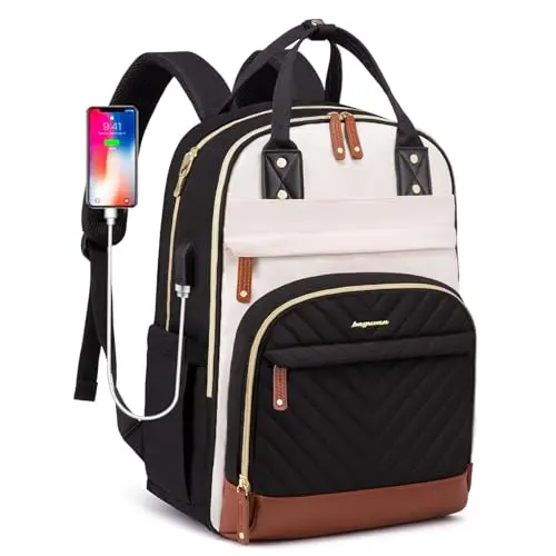 Beige and black BAGSWAN women's laptop backpack with leather accents