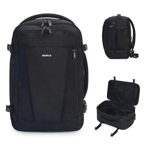 ECOHUB 30L travel backpack in black with multiple compartments and a USB charging port