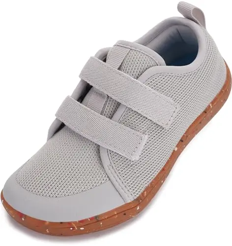 WHITIN Kids minimalist barefoot shoe in grey, highlighting the wide toe box and hook-and-loop strap