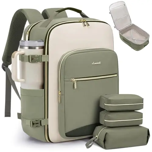 LOVEVOOK 40L travel backpack in various colors, shown with included packing cubes