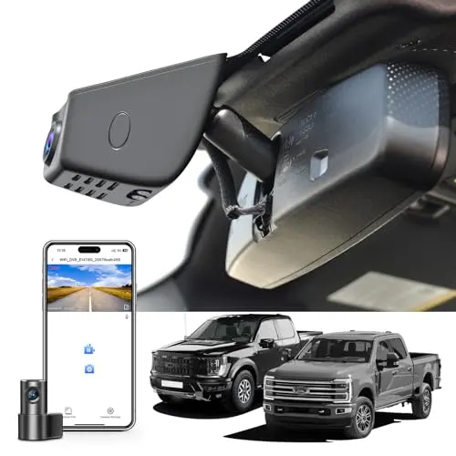 Mangoal OEM-style dash cam integrated behind a Ford F250 rearview mirror